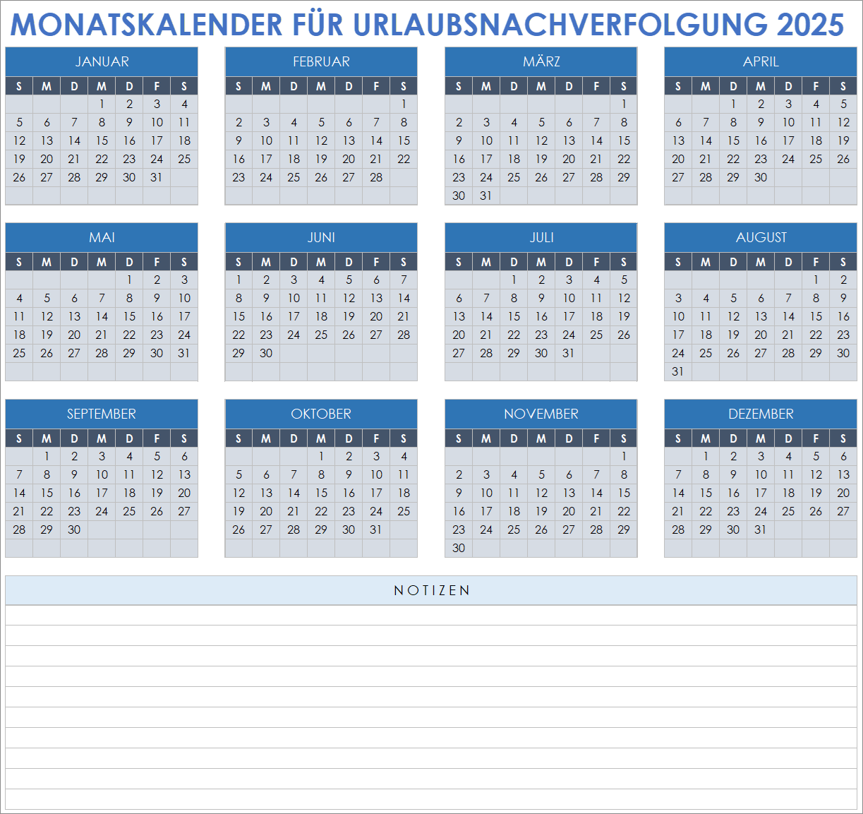 Monatlicher Urlaubsverfolgungskalender 2025