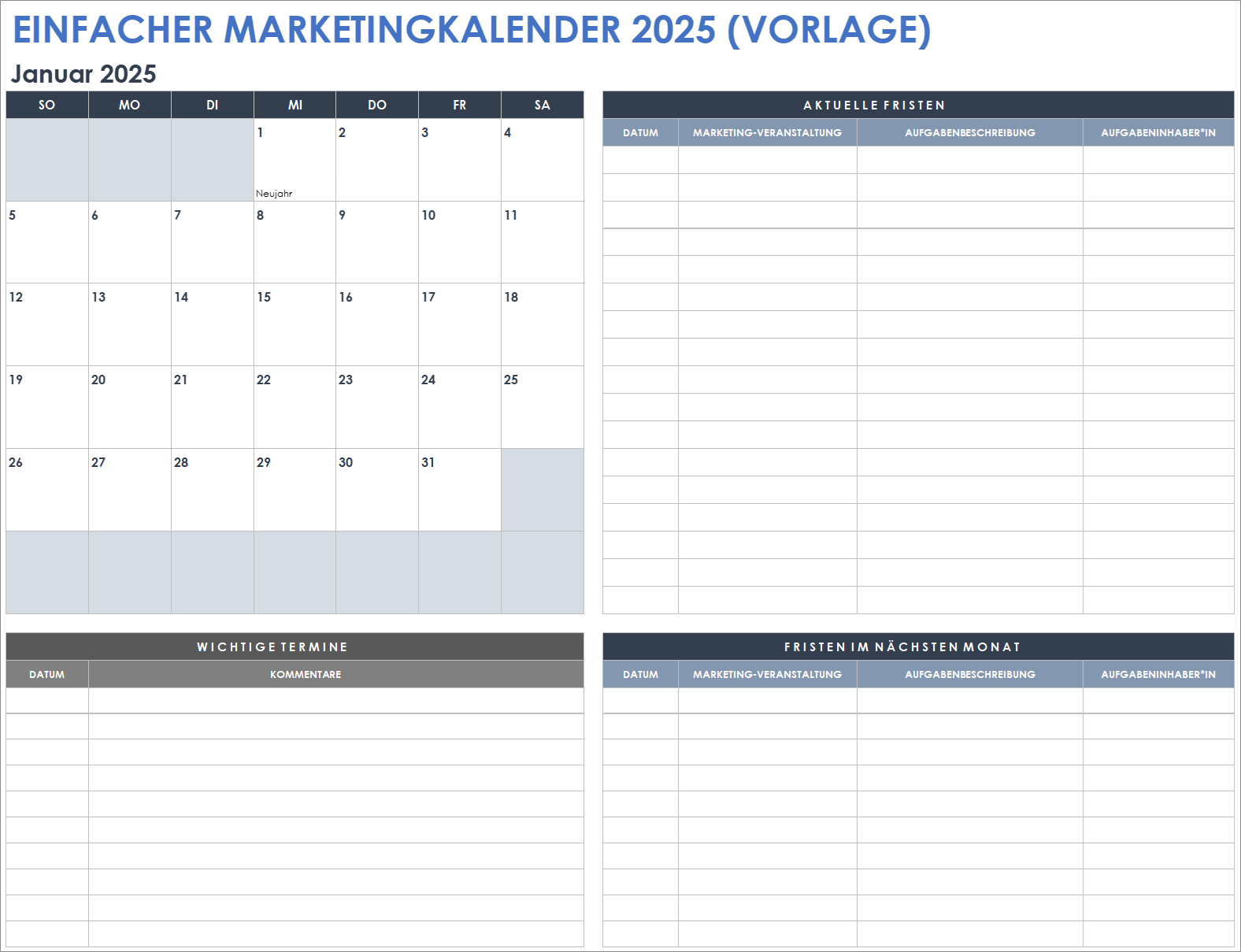 Vorlage für einen einfachen Marketingkalender für 2025