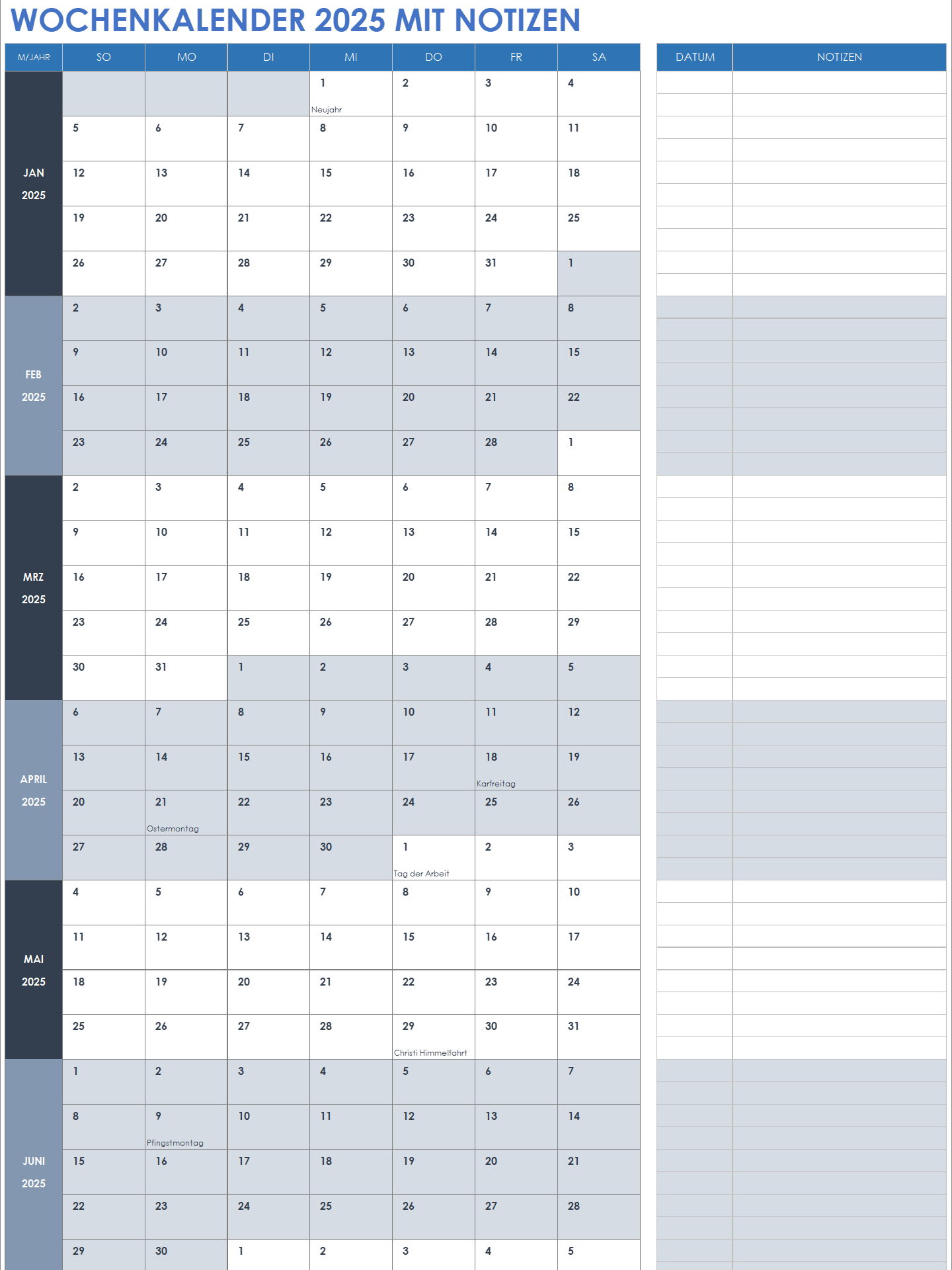 Wochenkalender 2025 mit Notizen