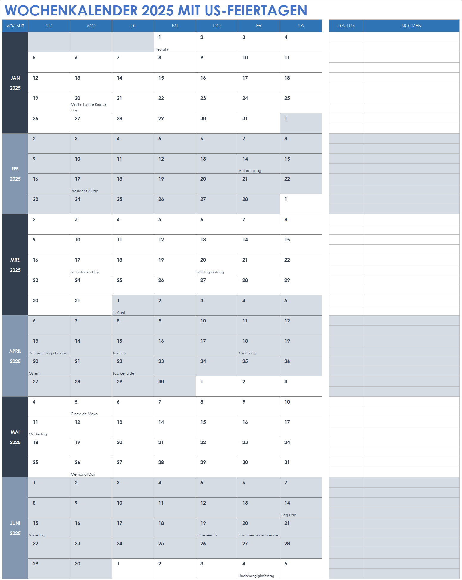 Wochenkalender für 2025 mit US-Feiertagen