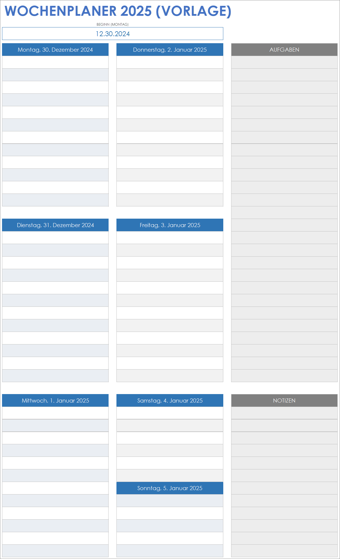 Vorlage für einen Wochenplaner für 2025