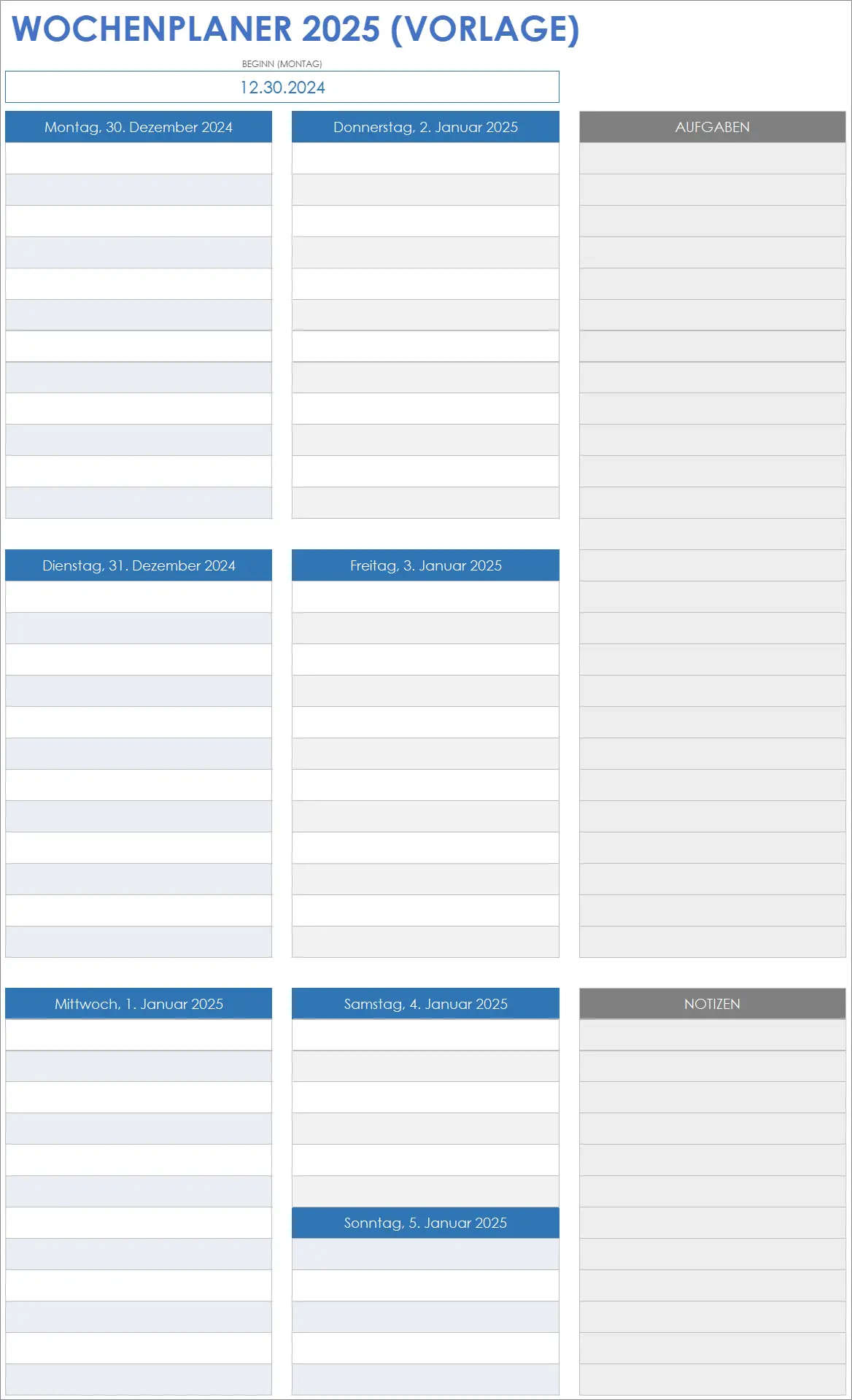 Vorlage für einen wöchentlichen Projektplaner 2025 mit Notizen 