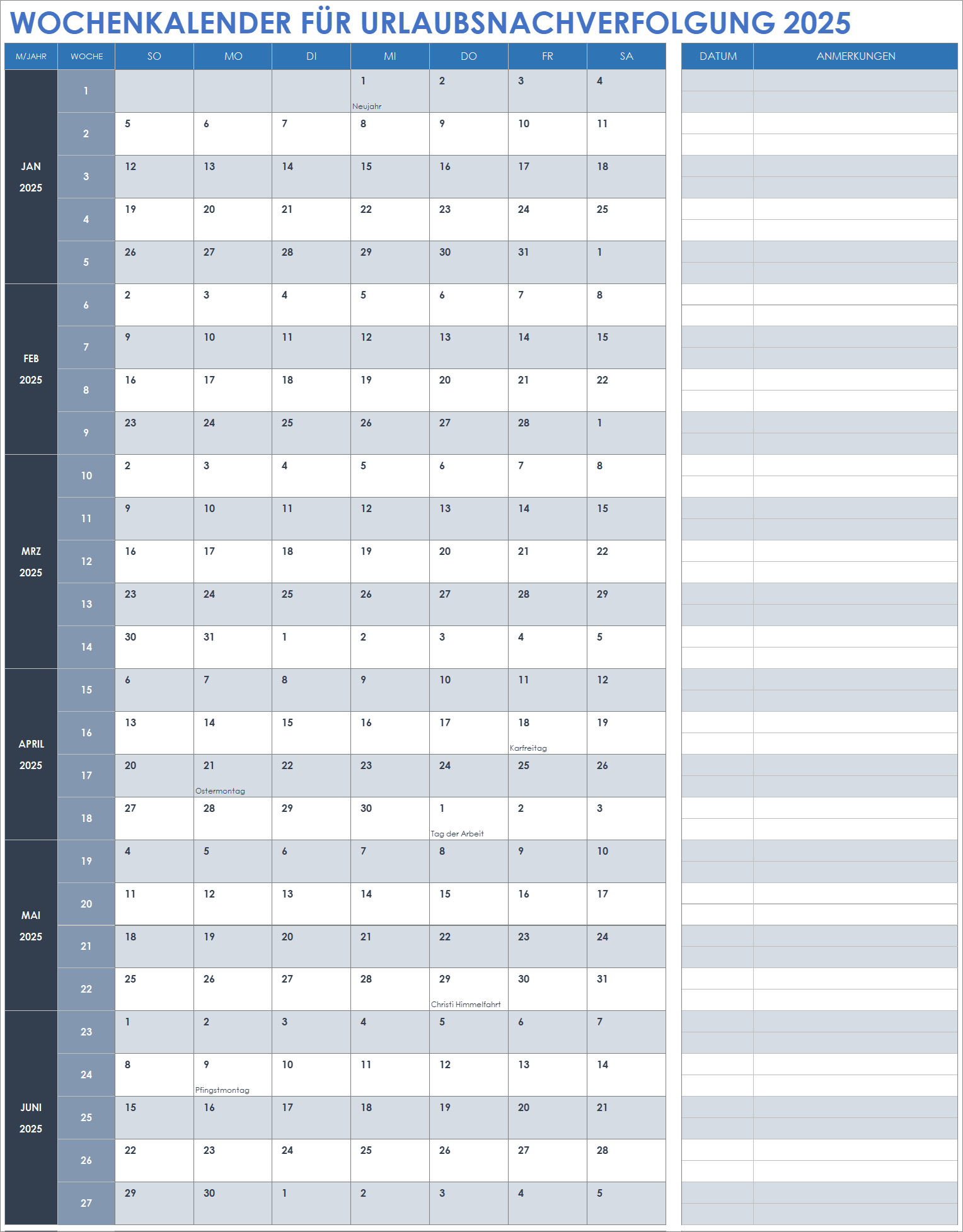 Wochenkalender für Urlaubsnachverfolgung 2025