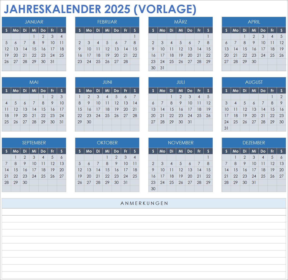 Vorlage für einen Jahreskalender für 2025