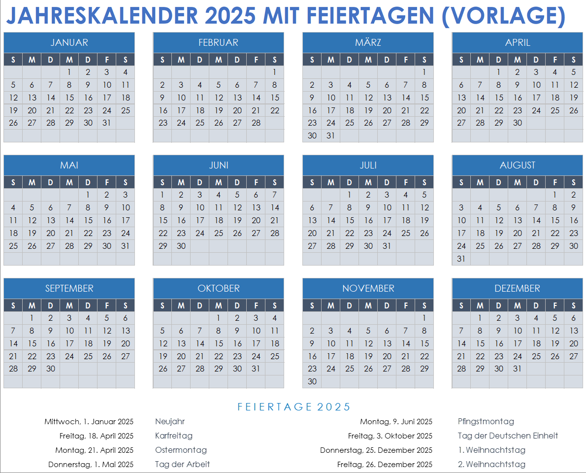 Vorlage für einen Jahreskalender für 2025 mit Feiertagen