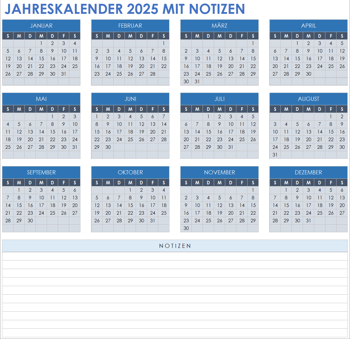 Jahreskalender 2025 mit Notizen