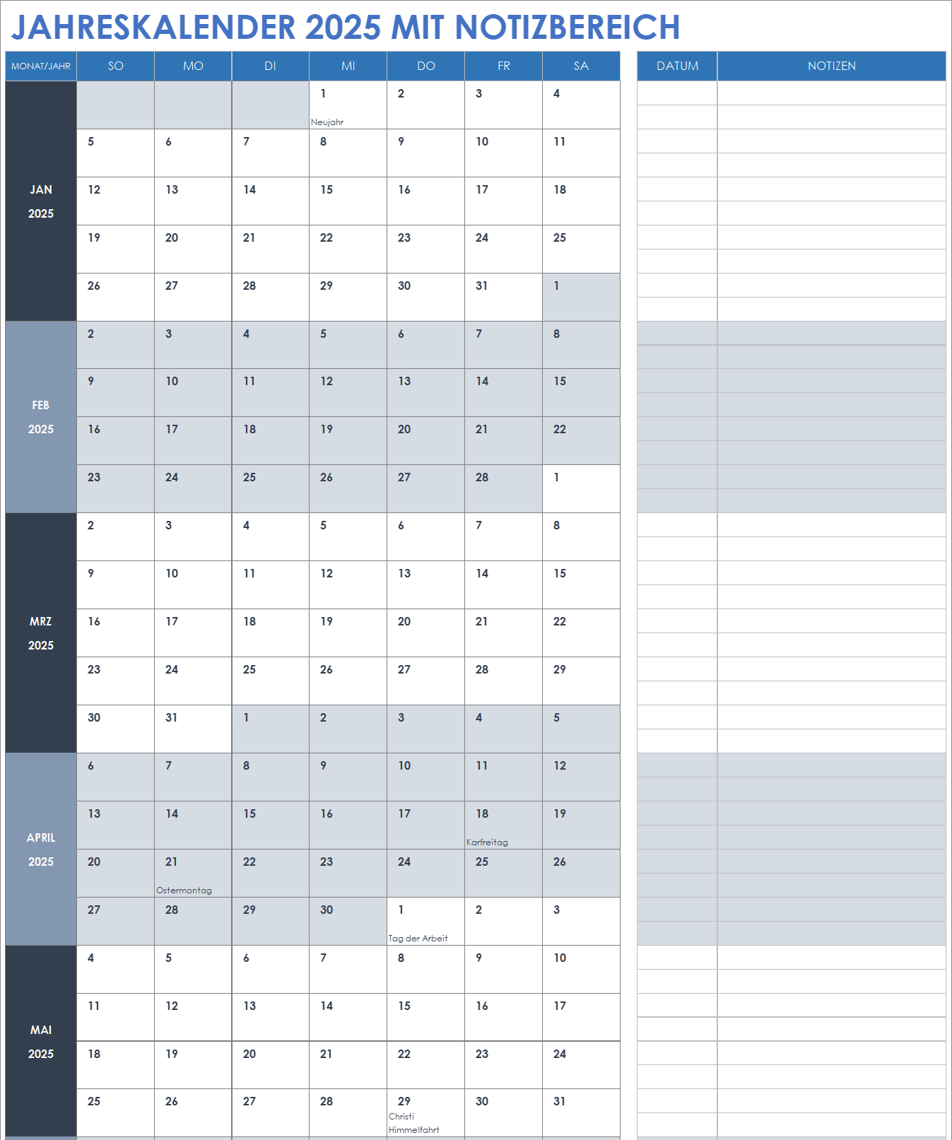 Jahreskalender für 2025 mit Notizbereich