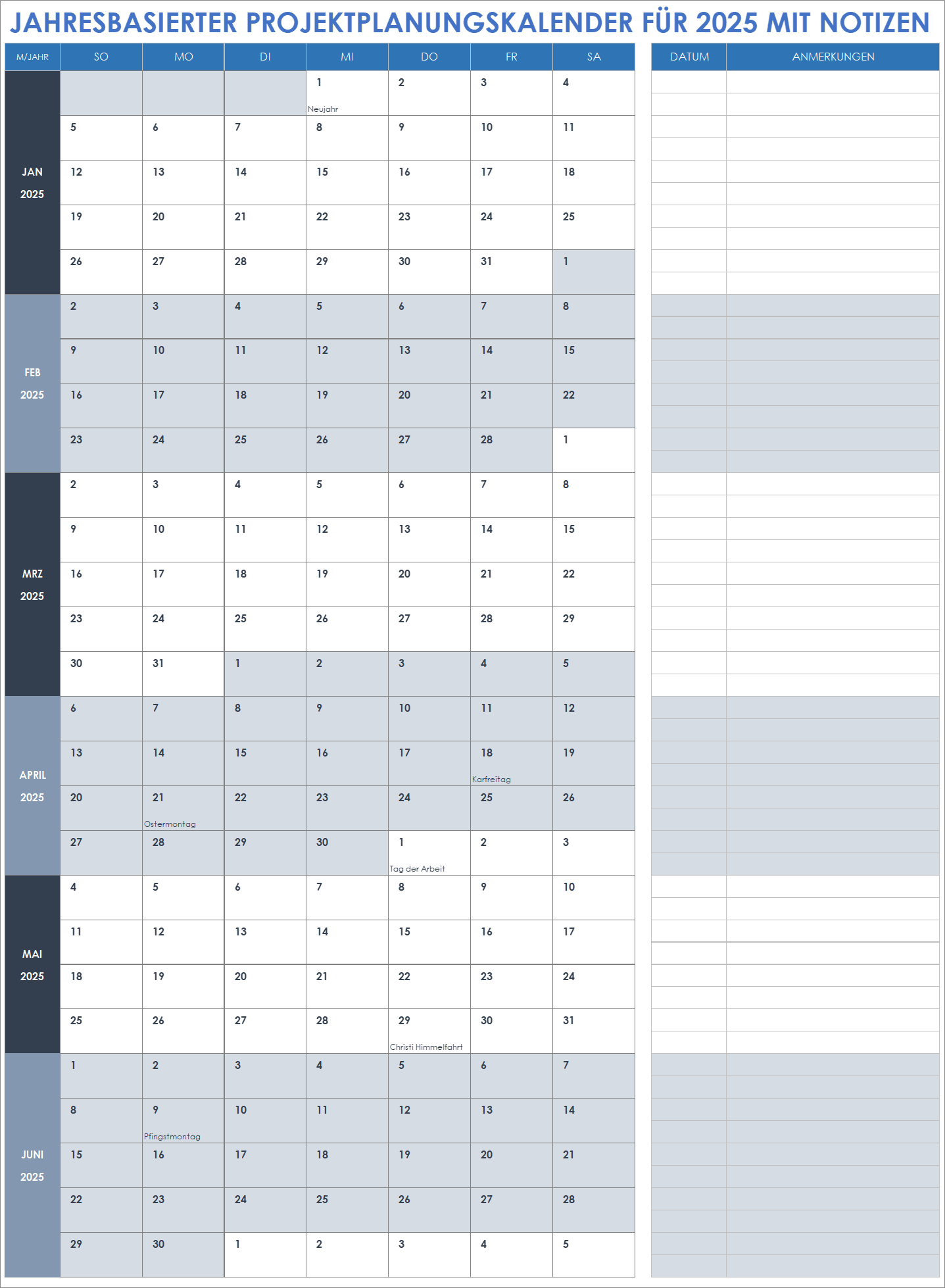 Jahresbasierter Projektplanungskalender 2025 mit Notizen 