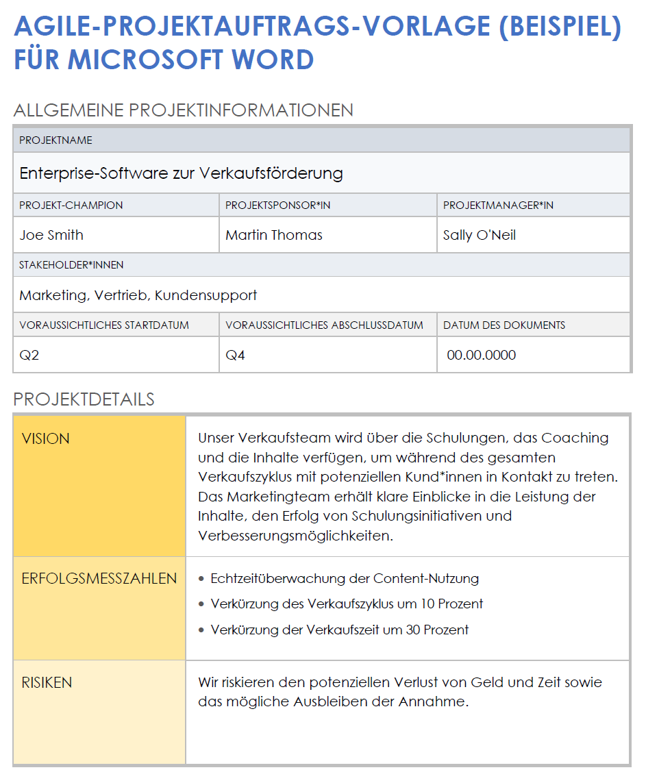 Microsoft&nbsp;Word-Vorlage für agile Projektaufträge (Beispiel)