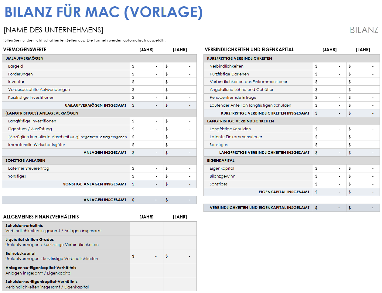 Vorlage für eine Bilanz für Mac