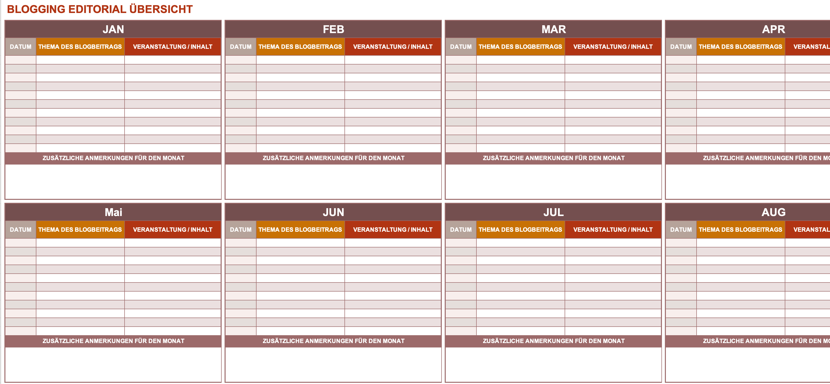  Blogging Redaktionskalender