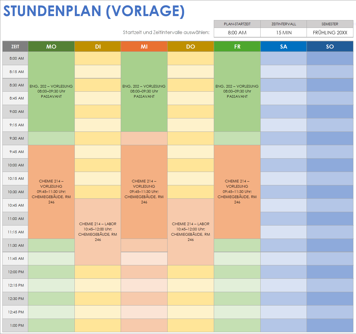 Vorlage für einen Stundenplan