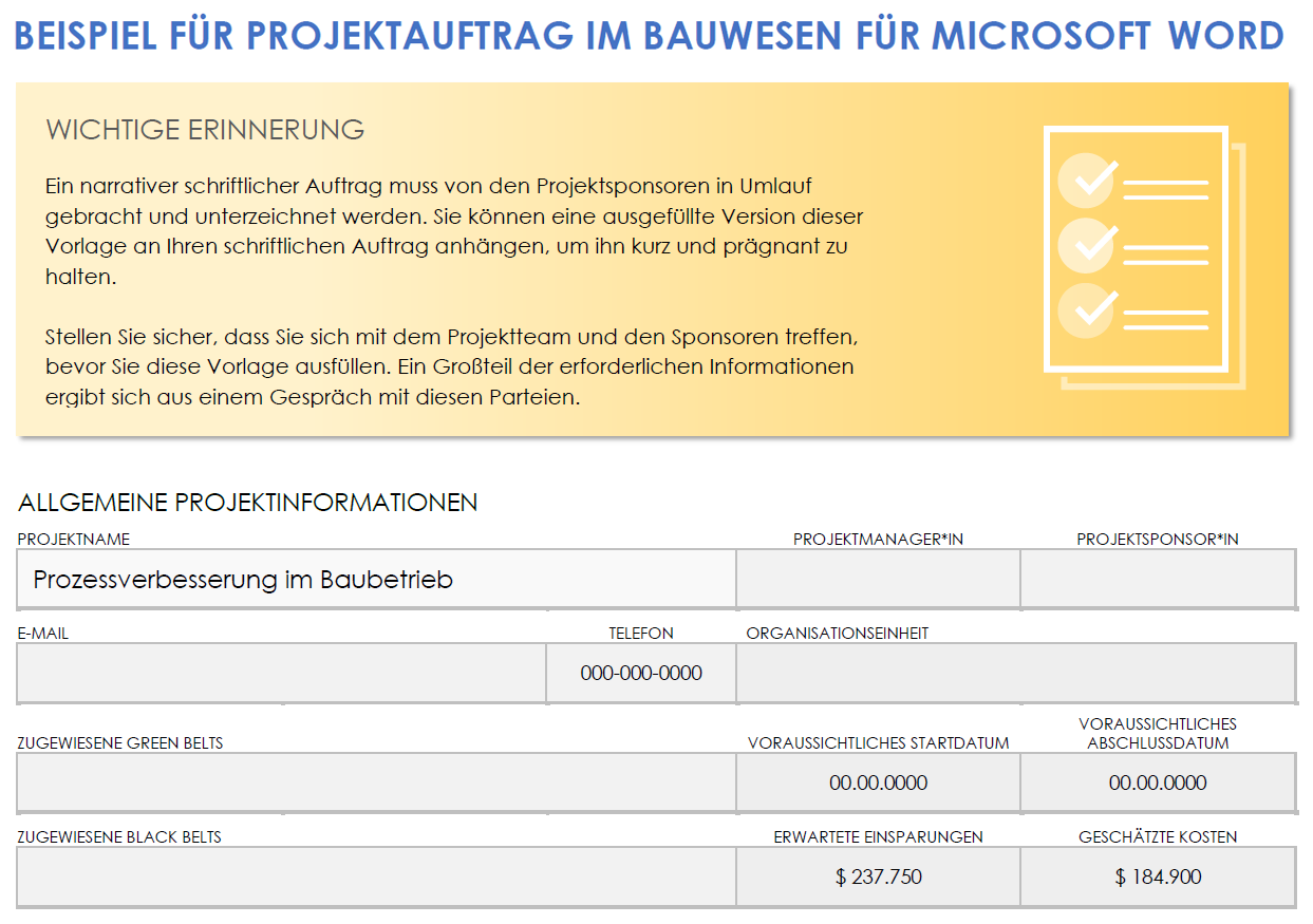 Microsoft&nbsp;Word-Vorlage für Projektaufträge im Bauwesen