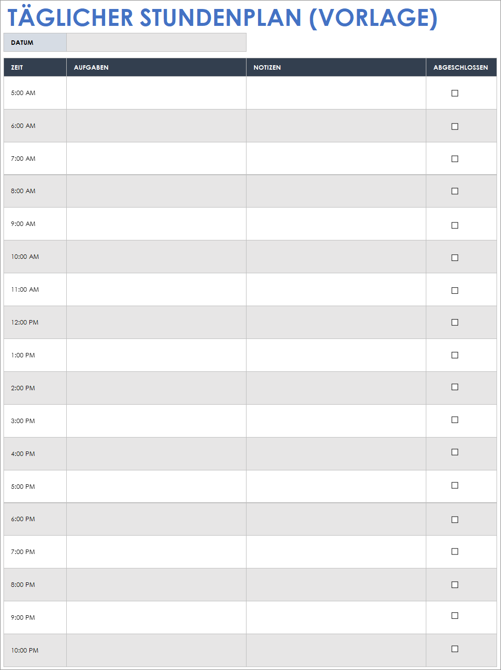 Vorlage für einen täglichen Stundenplan