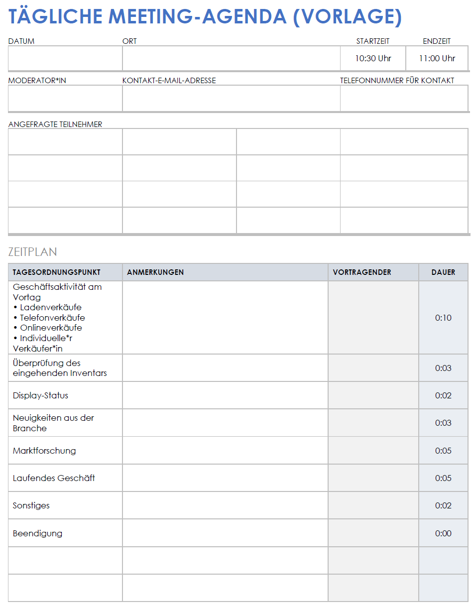 Vorlage für eine tägliche Meetingtagesordnung