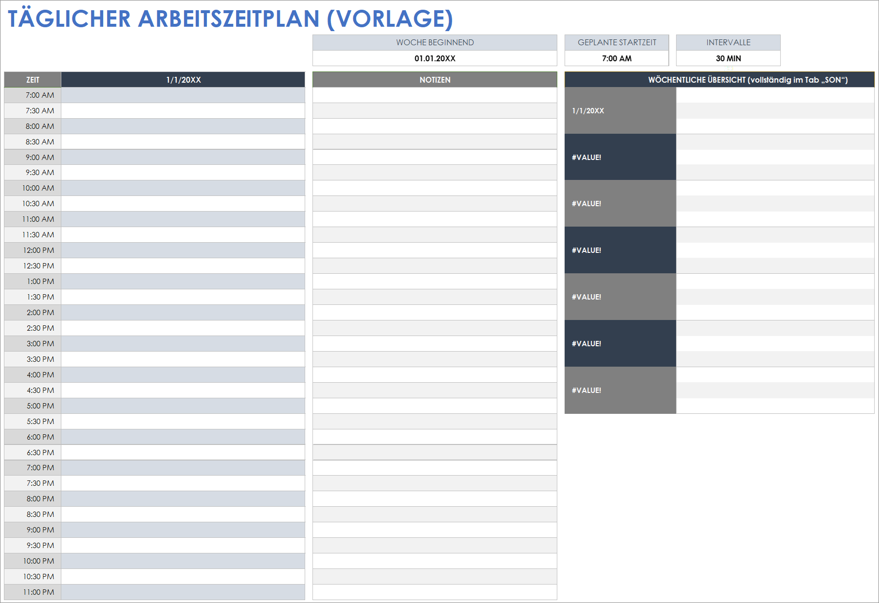 Vorlage für die Tagesarbeitszeitplanung