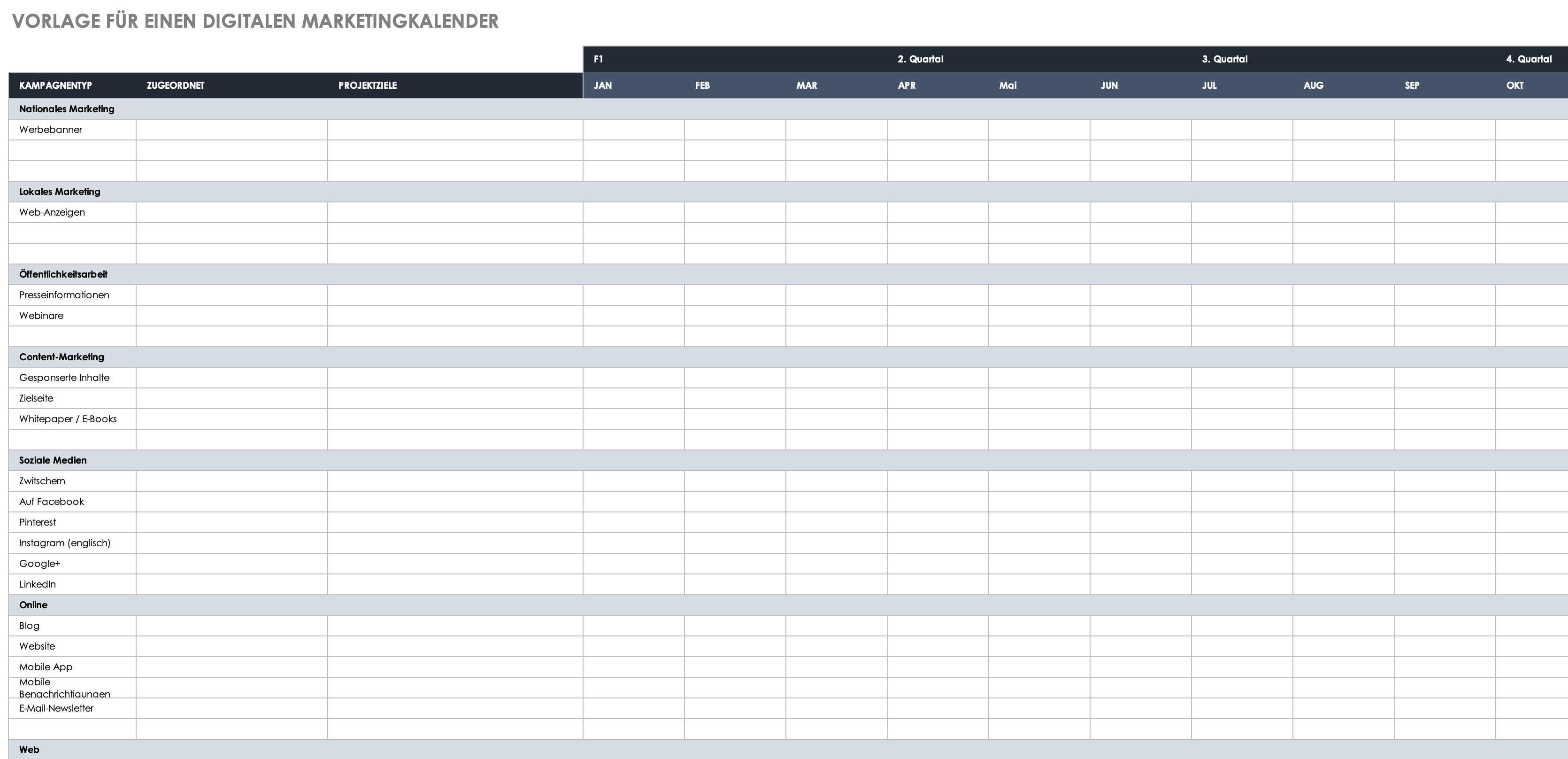 Vorlage für einen Kalender für das digitale Marketing