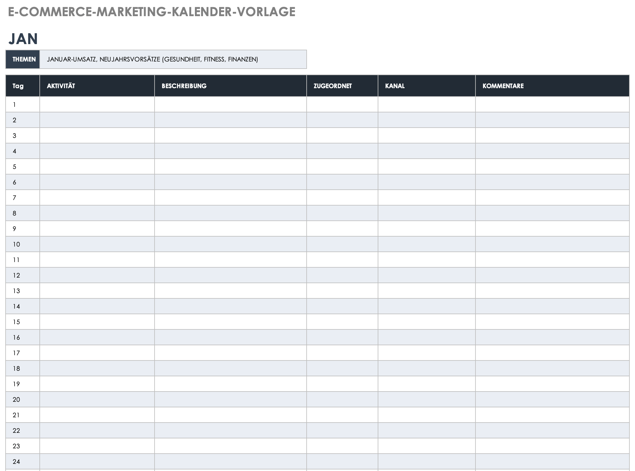 Vorlage für einen E-Commerce-Marketingkalender