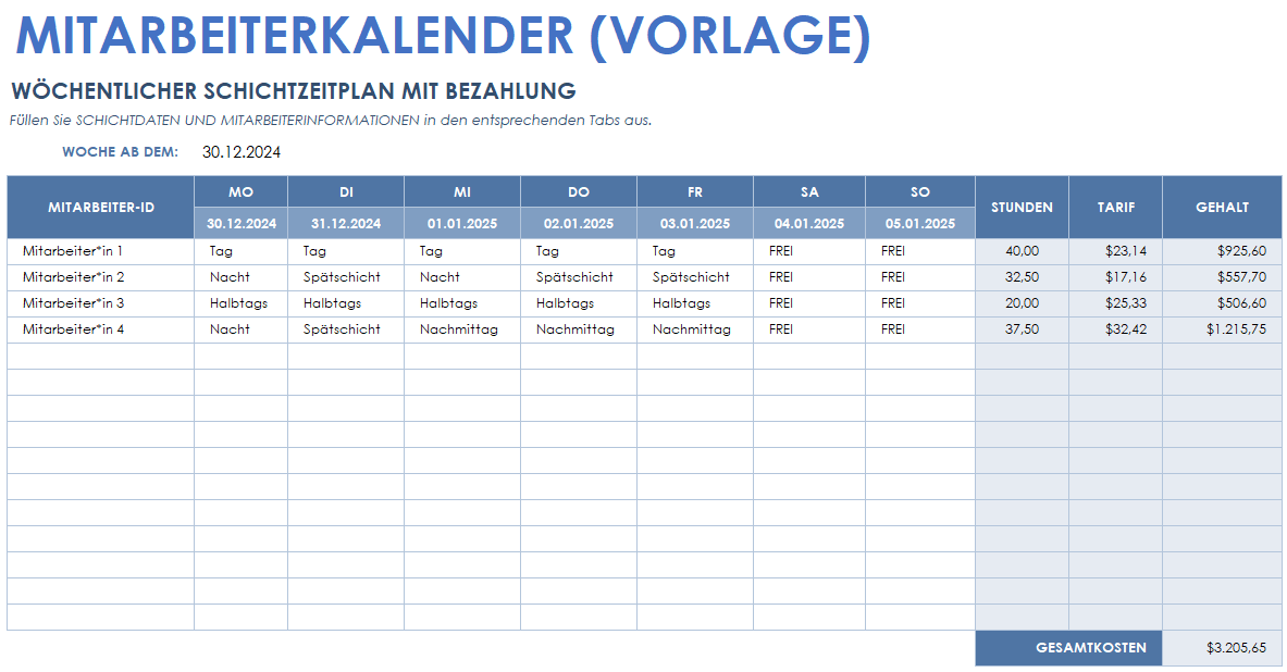 Vorlage für einen Mitarbeiterkalender