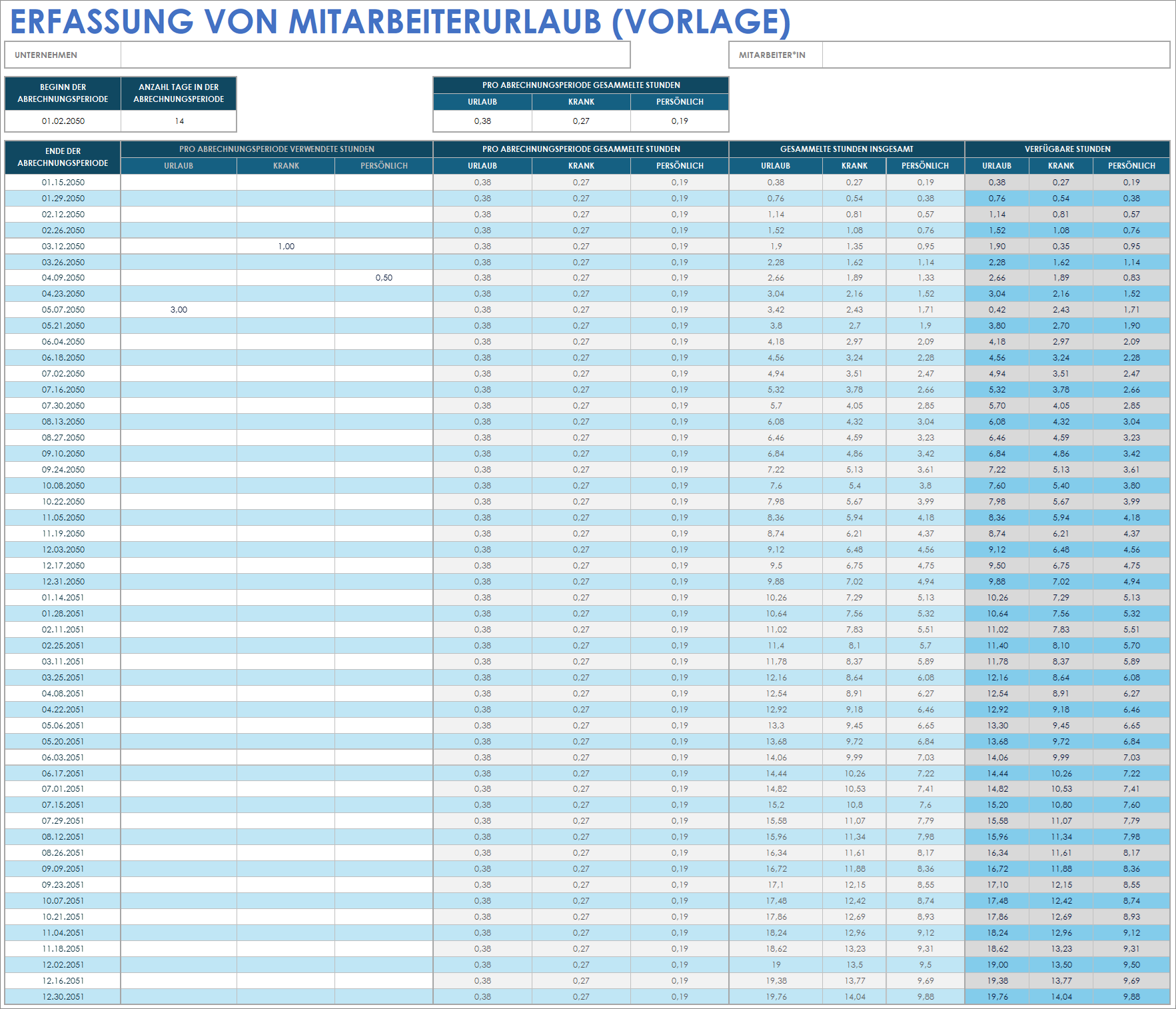 Vorlage für die Erfassung von Mitarbeiterurlaub