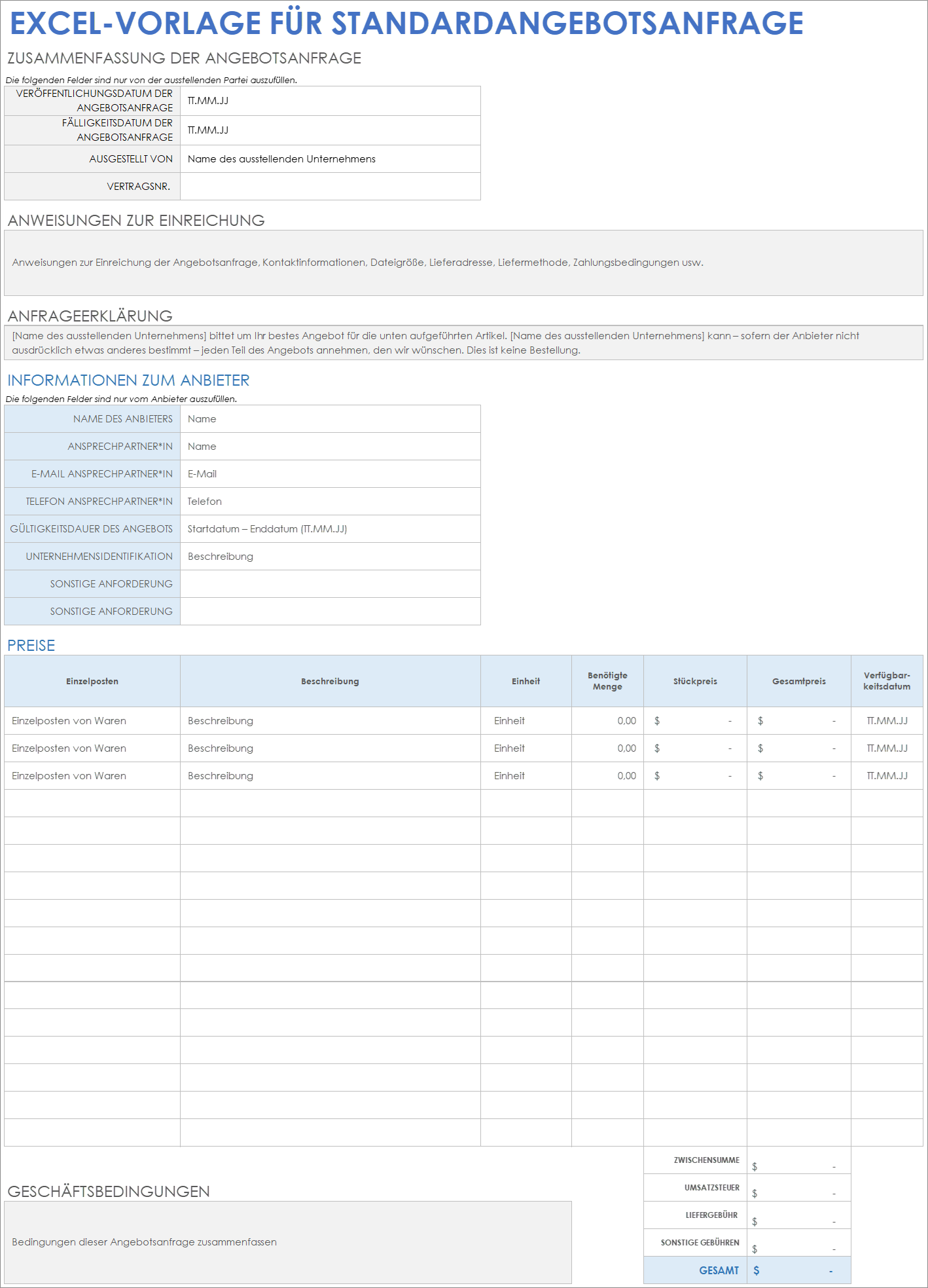 Excel-Vorlage für einfache Angebotsanfragen