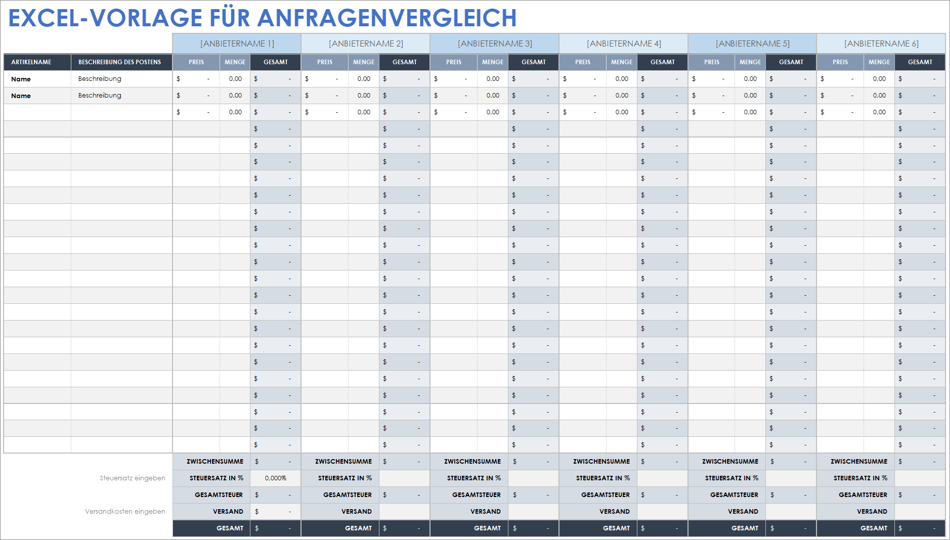 Excel-Vorlage für Anfragenvergleich