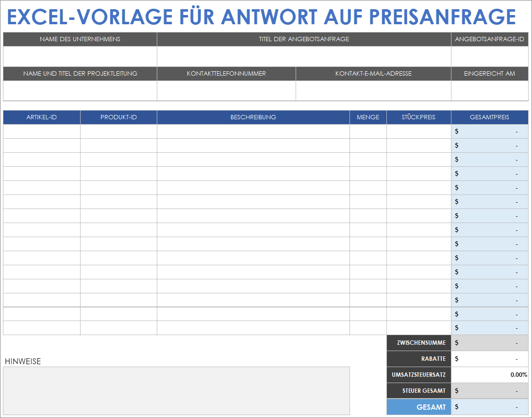 Excel-Vorlage für Antworten auf Preisanfragen