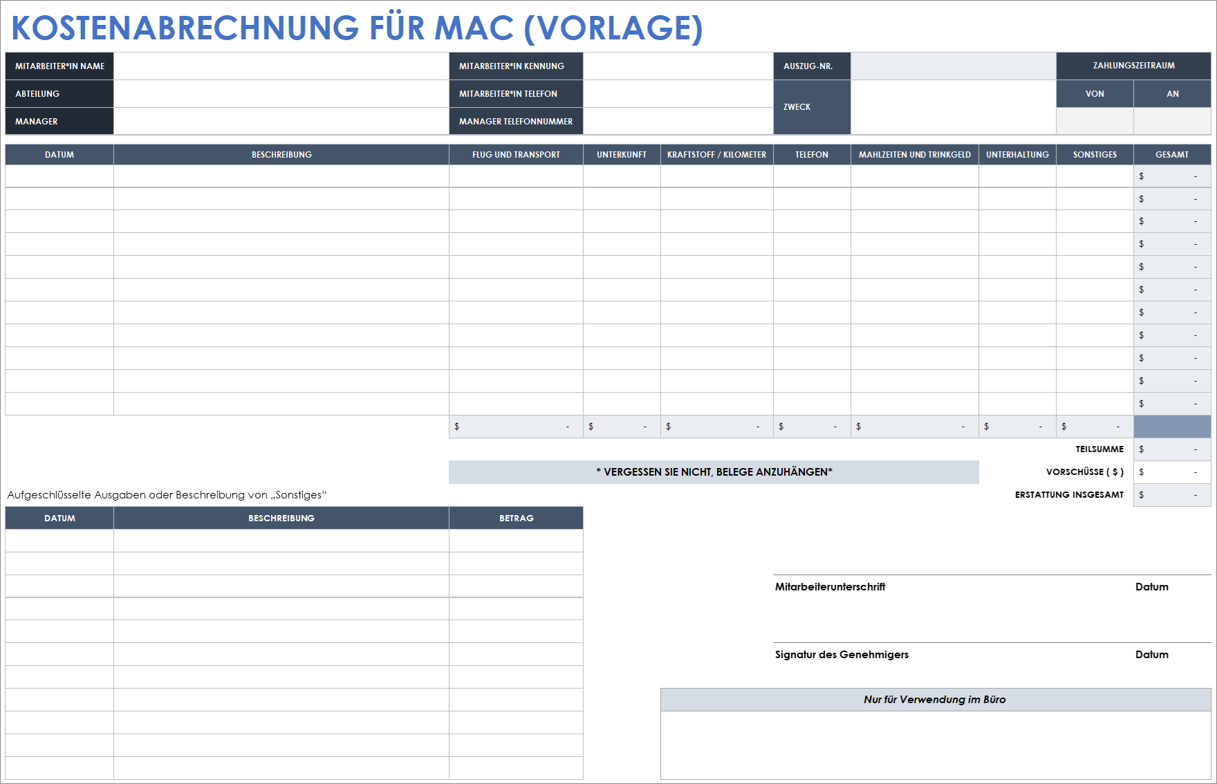 Vorlage für eine Spesenabrechnung für Mac