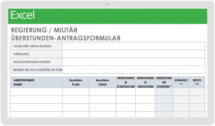 Vorlage für Überstunden-Antragsformular im staatlichen/militärischen Dienst