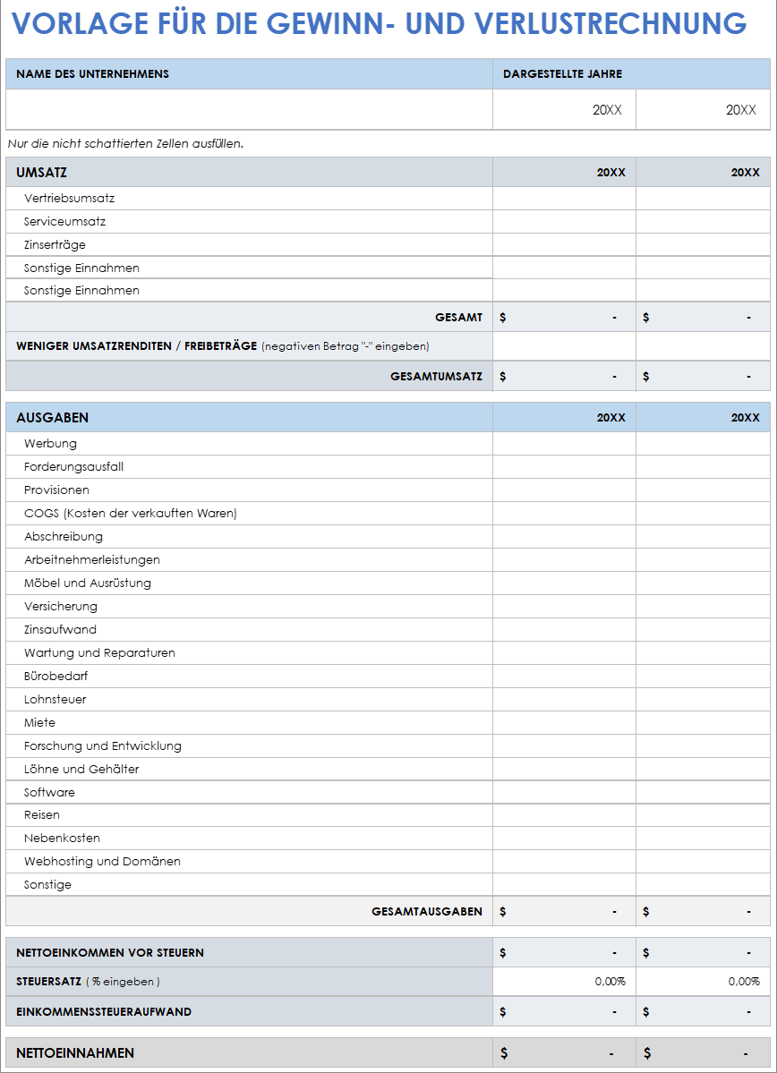 Vorlage für eine Gewinn- und Verlustrechnung