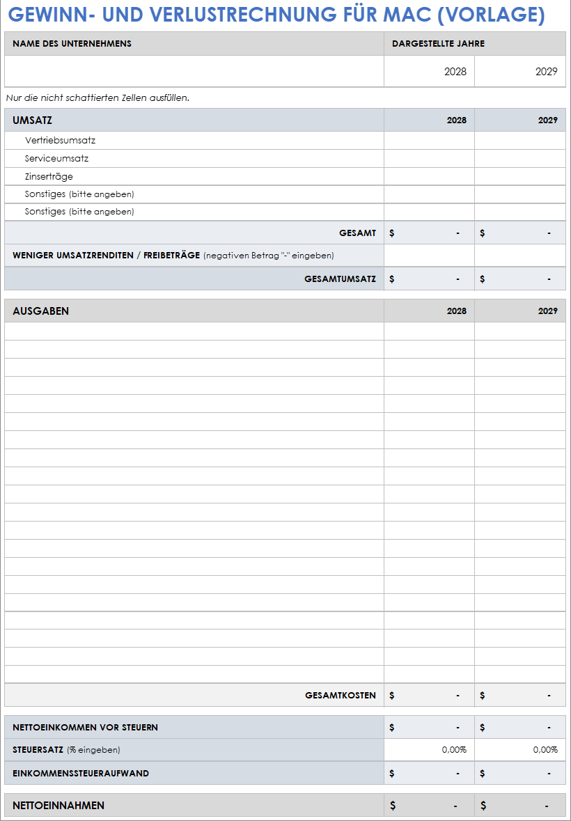 Vorlage für die Gewinn- und Verlustrechnung für Mac