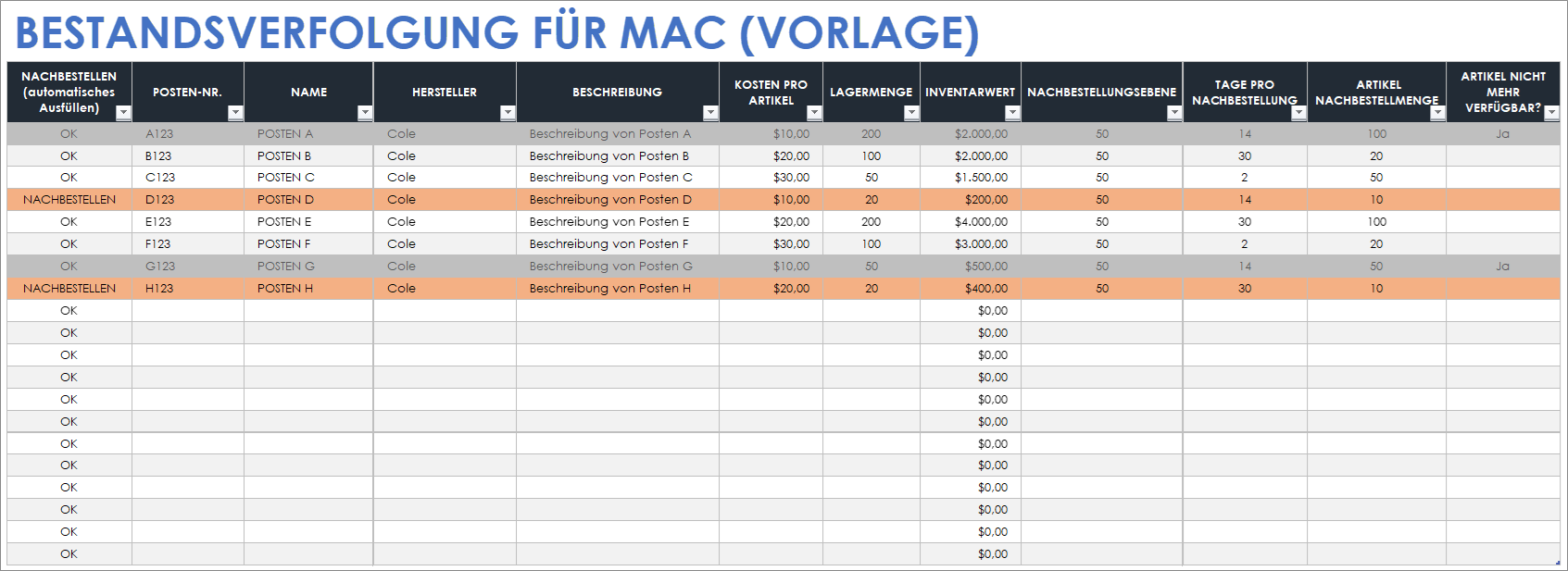 Vorlage für die Bestandsverfolgung für Mac