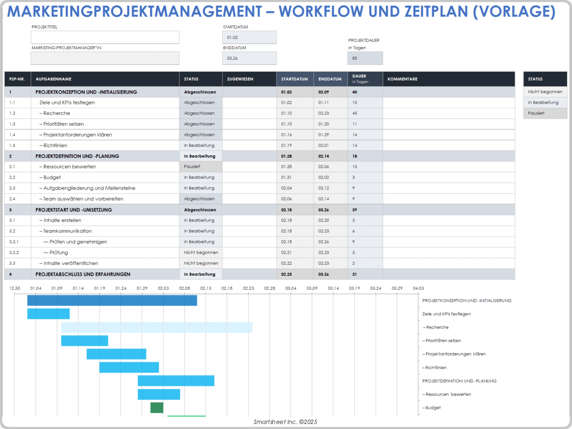 Vorlage für einen Workflow und Zeitplan für Marketing-Projektmanagement