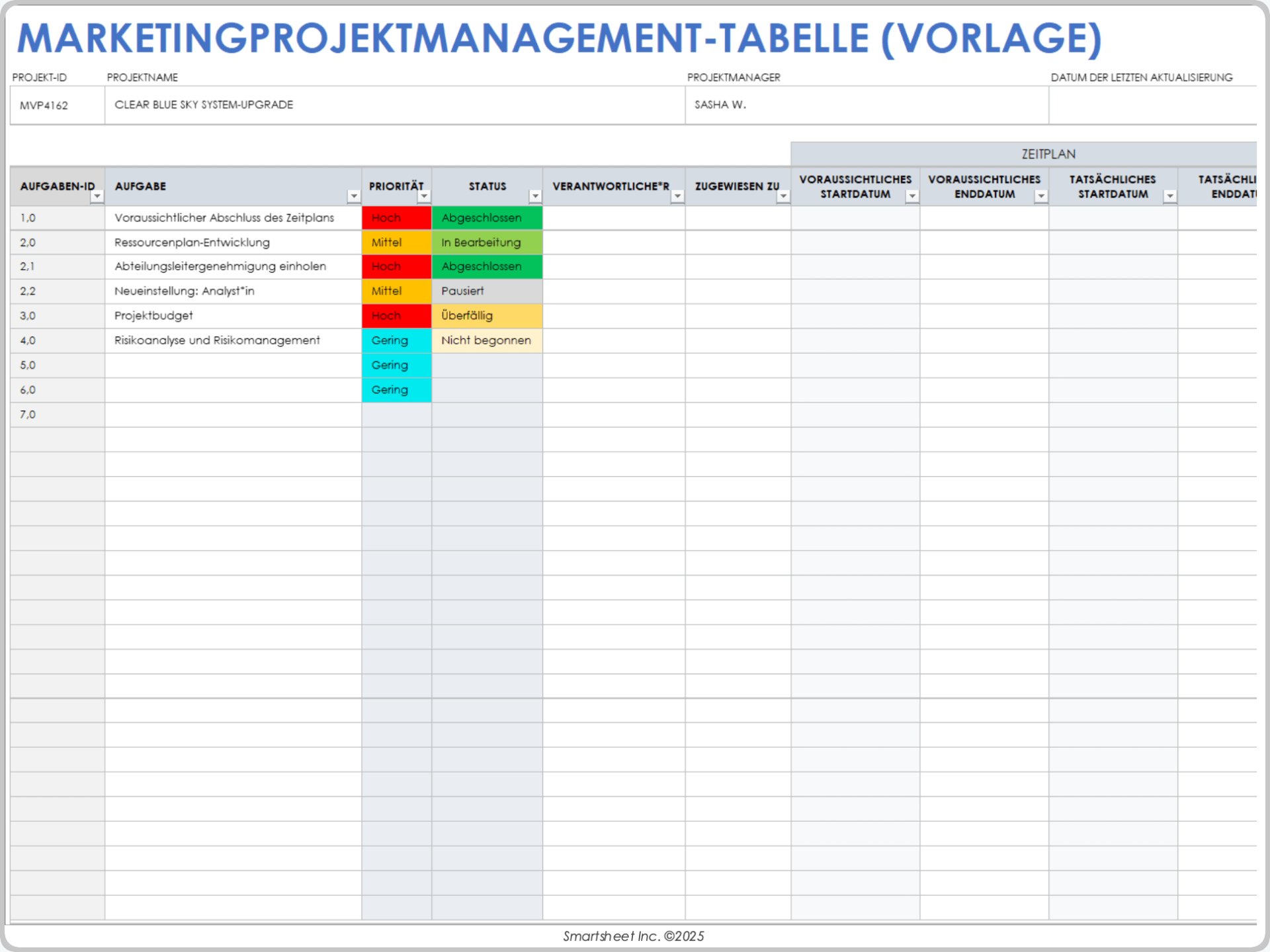 Tabellenkalkulationsvorlage für Marketing-Projektmanagement