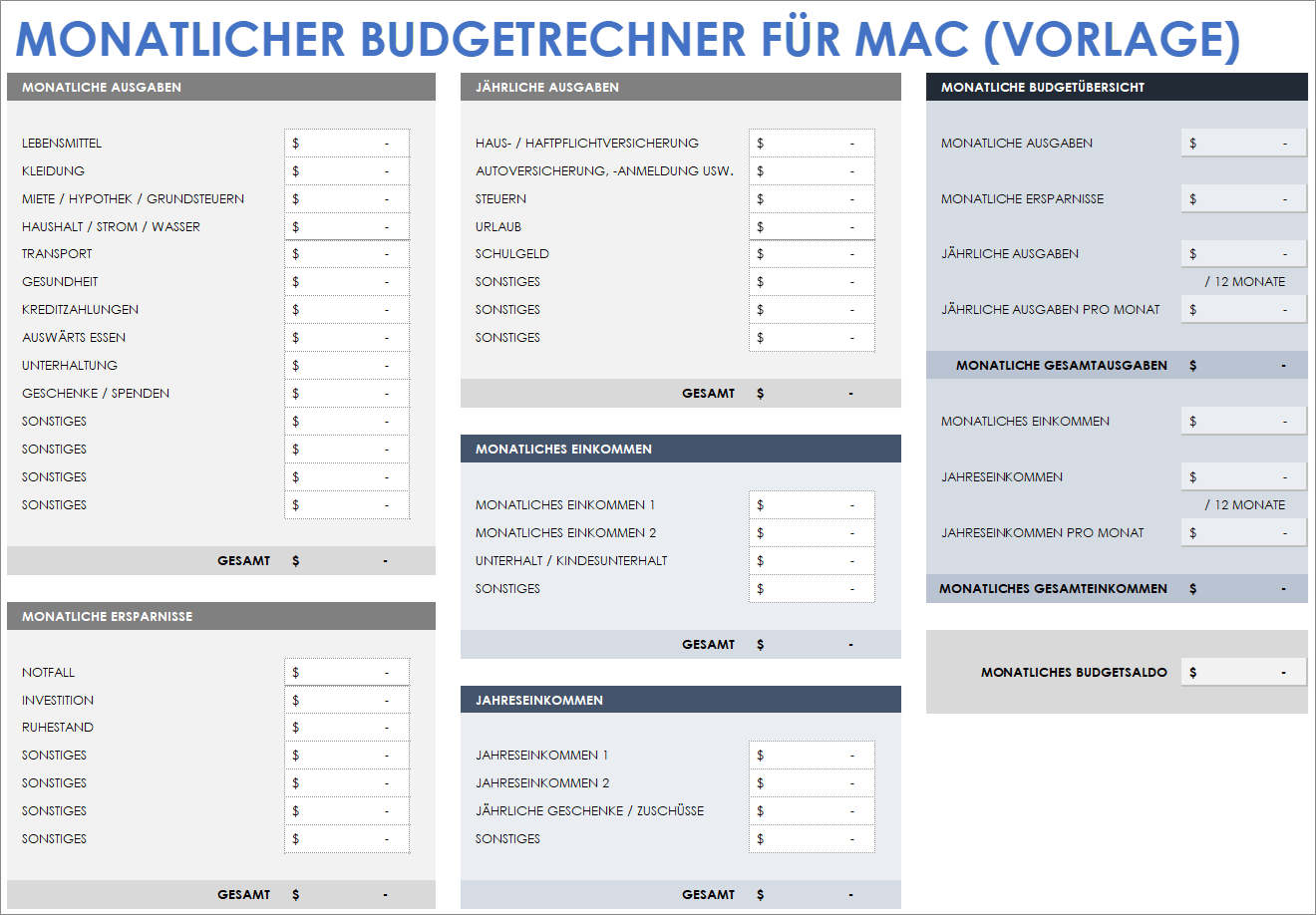 Vorlage für einen monatlichen Budgetrechner für Mac