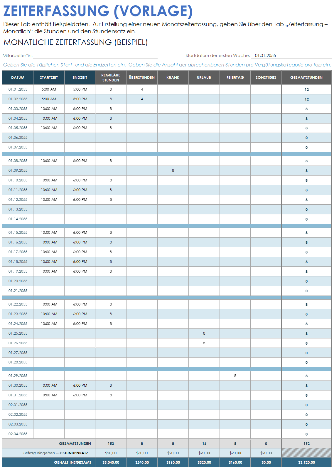 Vorlage für die monatlichen Zeiterfassung