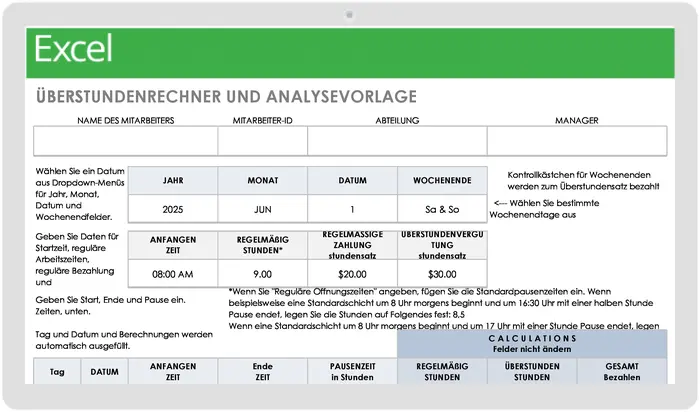 Vorlage für Überstundenberechnung und -analyse