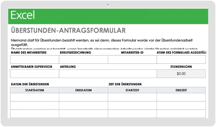 Vorlage für Überstundenantragsformular