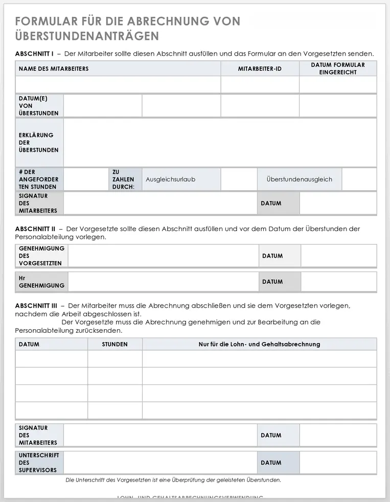 Vorlage für Abrechnungsformular für Überstundenanträge