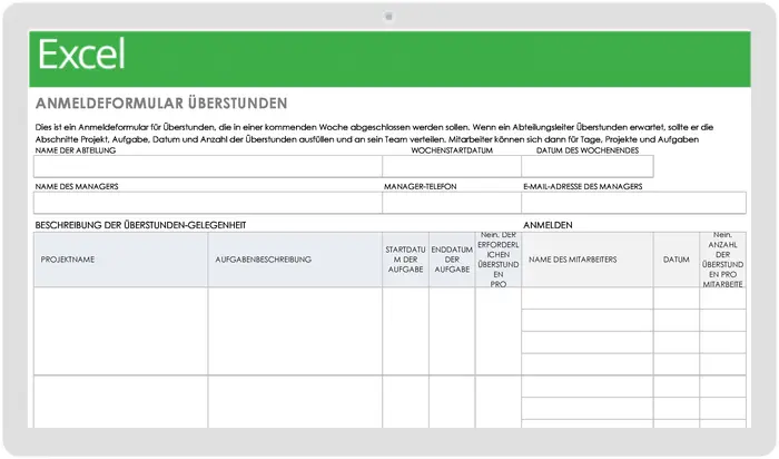 Formularvorlage für Überstundenanmeldung