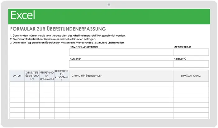 Vorlage für Formular zur Nachverfolgung von Überstunden