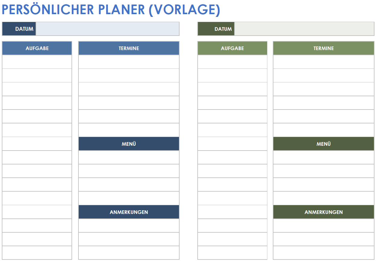 Vorlage für einen persönlichen Planer