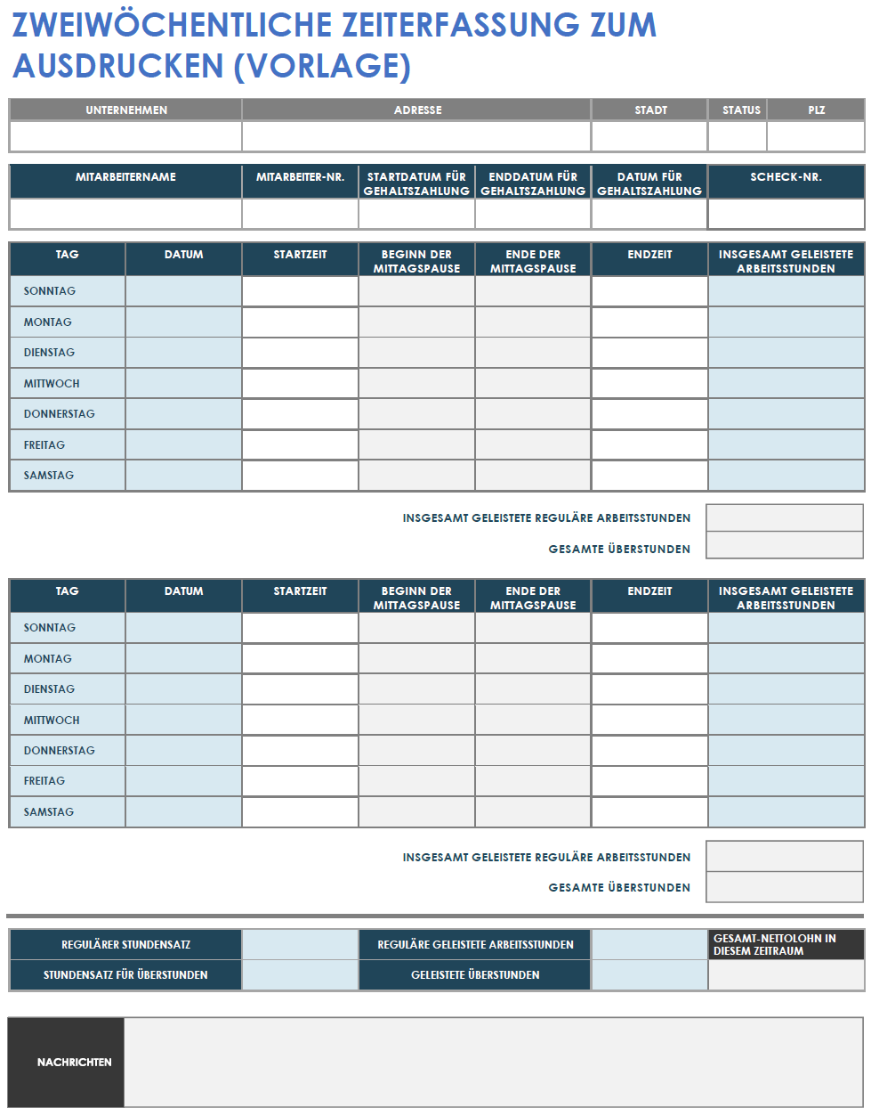 Vorlage für einen druckbaren zweiwöchigen Stundenzettel