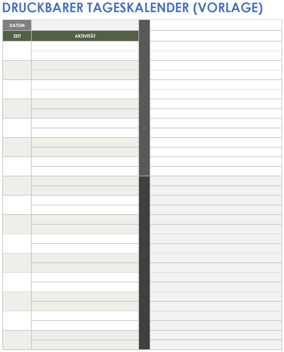 Druckbare Vorlage für einen Tageskalender