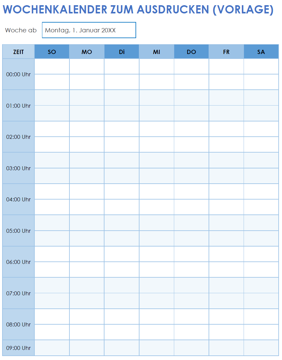 Druckbare Vorlage für einen Wochenkalender (Hochformat)