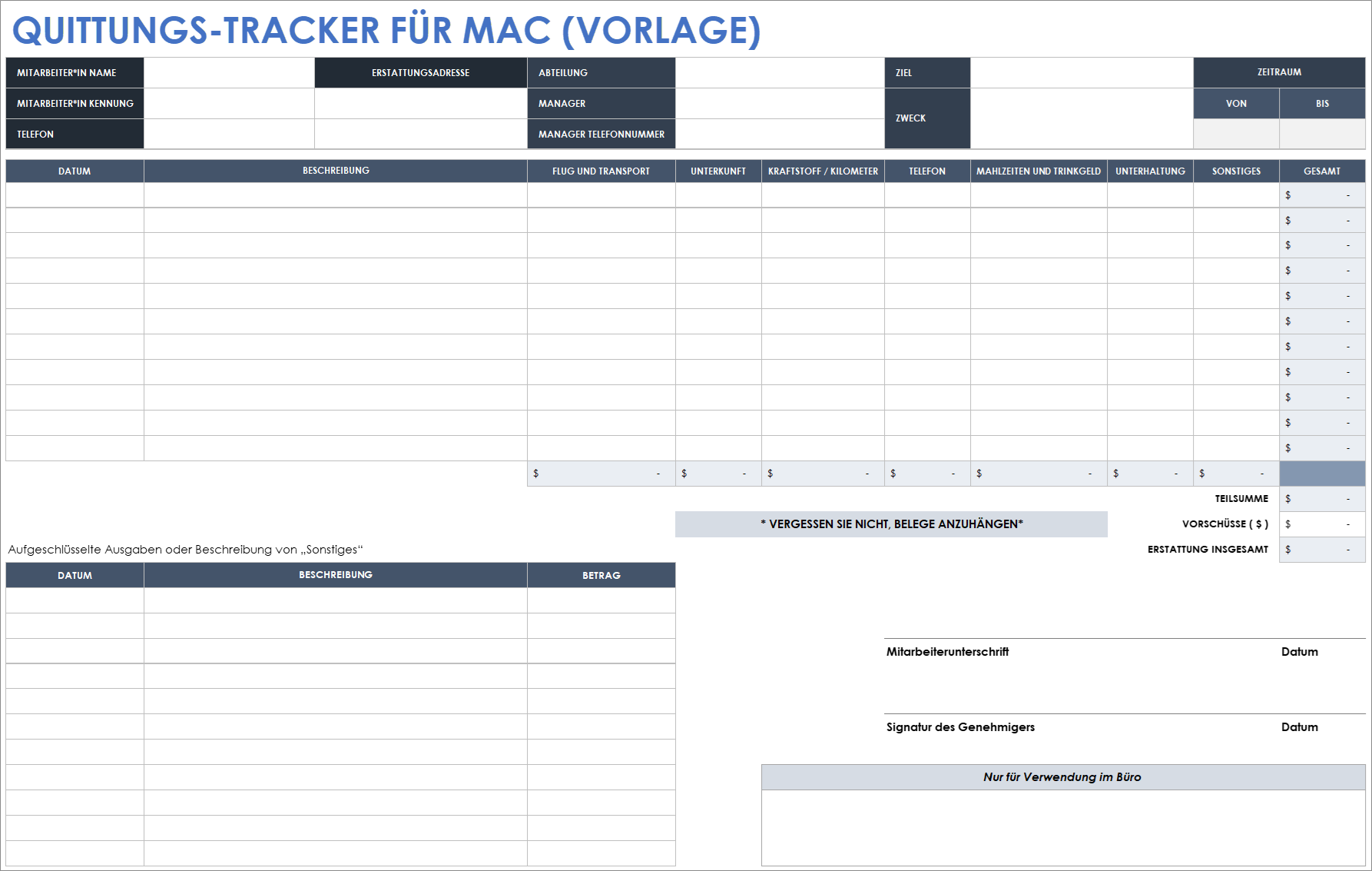 Vorlage für einen Quittungs-Tracker für Mac