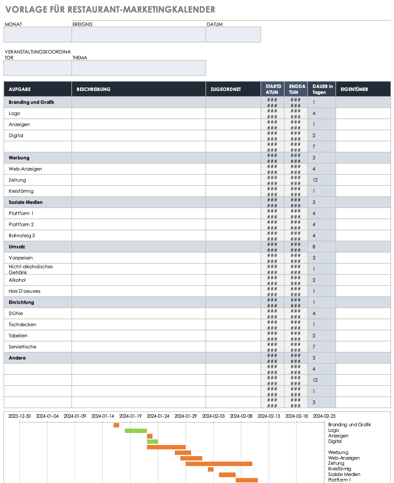 Vorlage für einen Restaurant-Marketingkalender