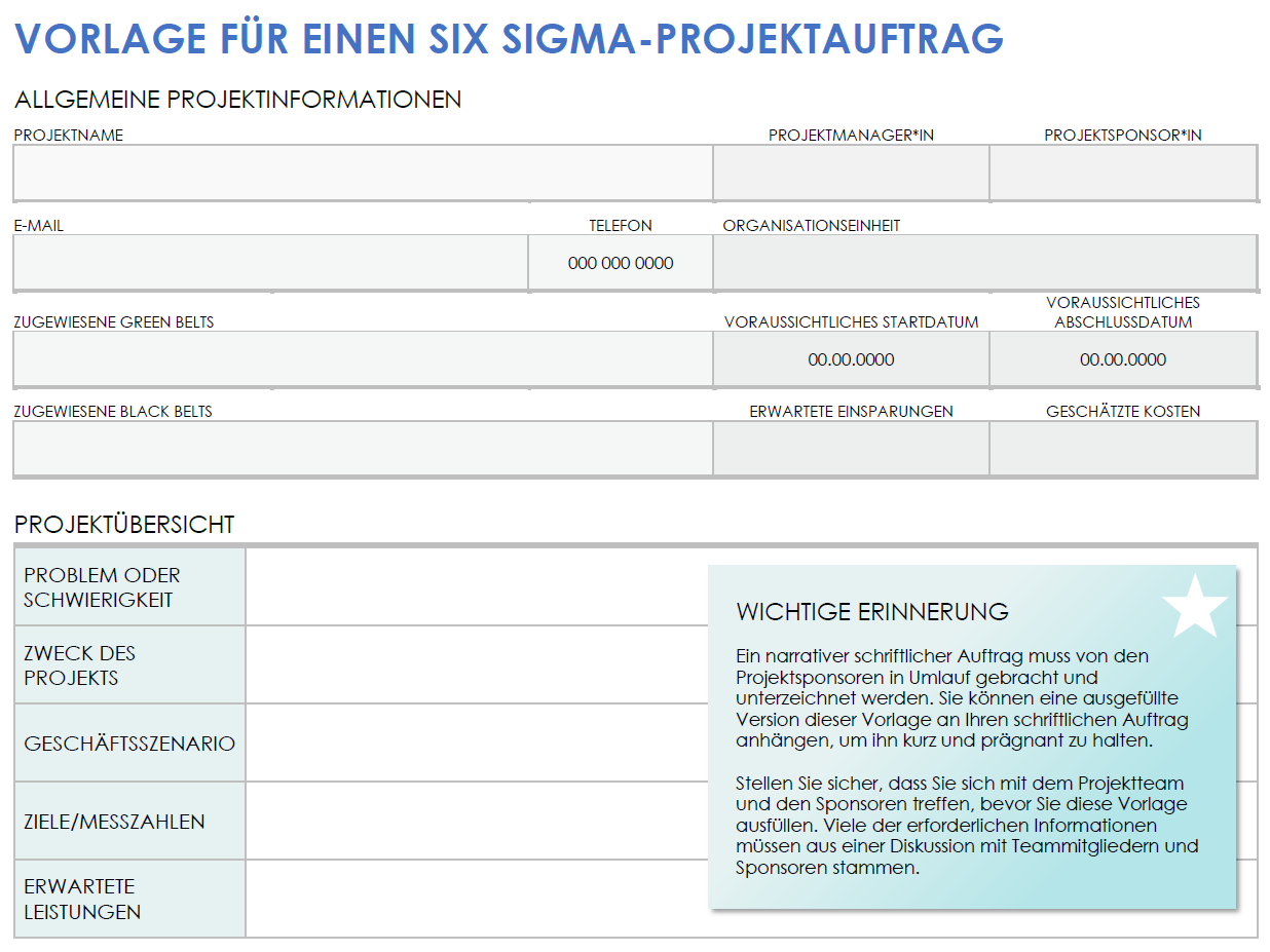 Microsoft&nbsp;Word-Vorlage für einen Six&nbsp;Sigma-Projektauftrag