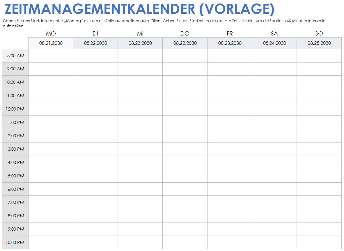 Vorlage für einen Zeitmanagementkalender