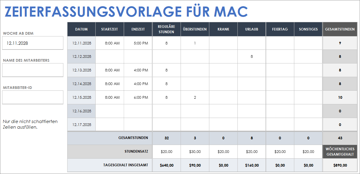 Vorlage für die Zeiterfassung für Mac